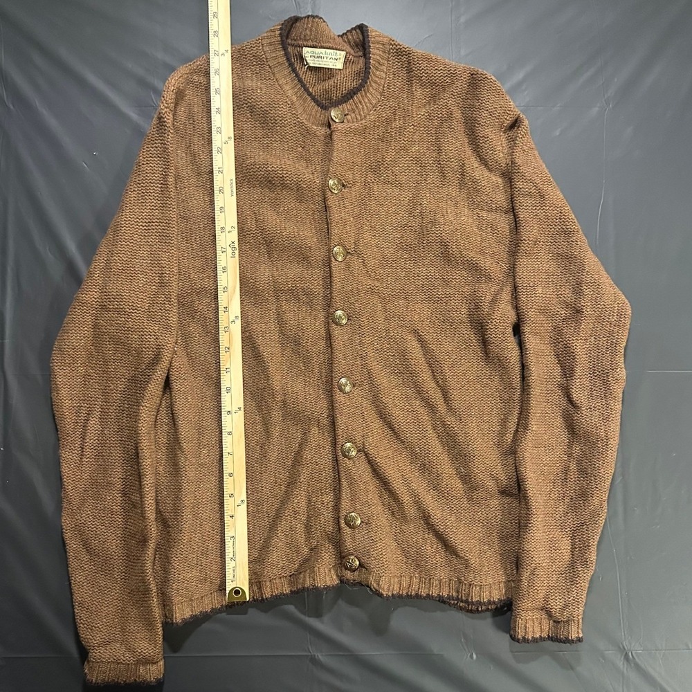 Vintage Puritan Aqua Knit Shetland Wool Cardigan Sweater Brown Size 44 USA